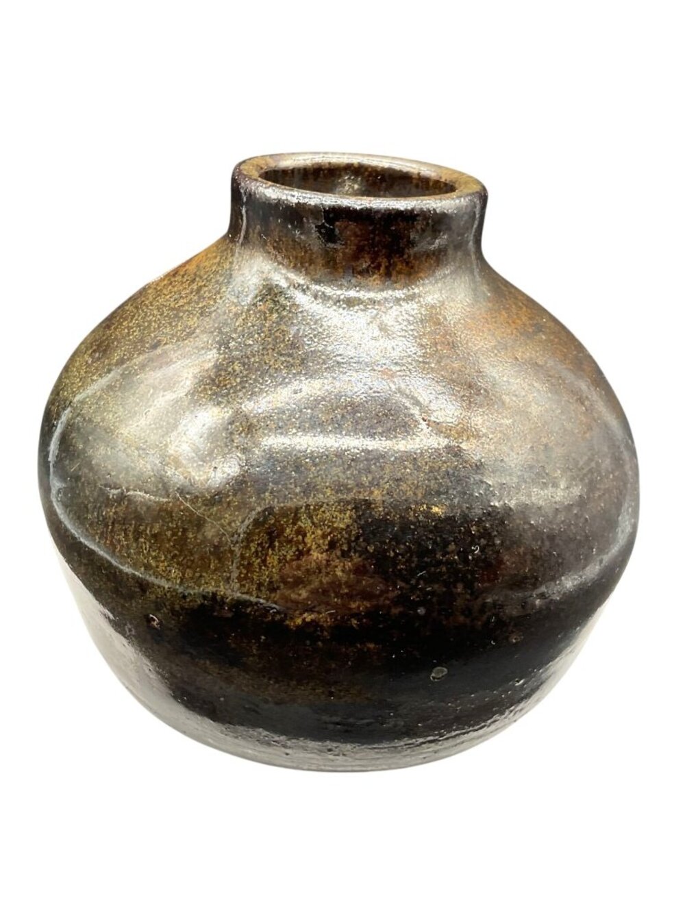 Handmade Ceramic Vase With Textured Brown Glaze Signed Base Rustic 4"h x 4"w